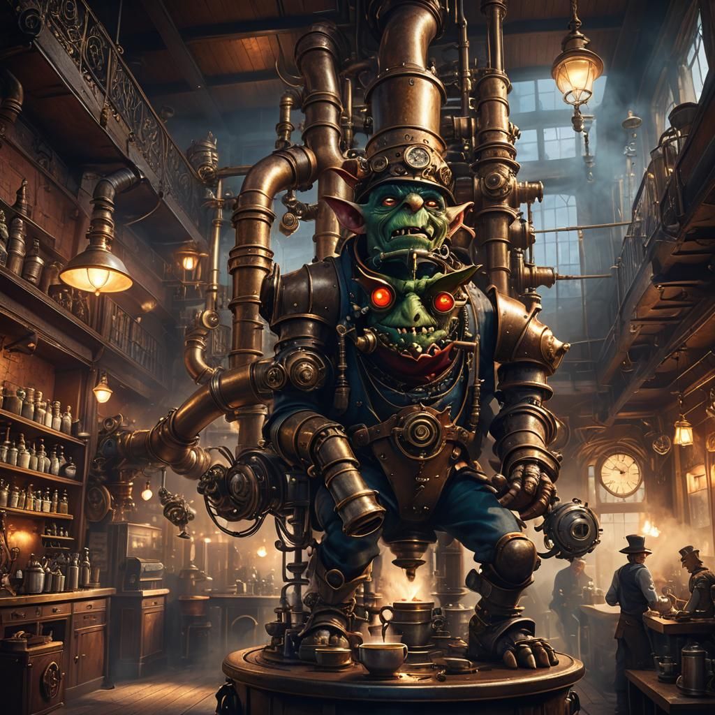 Steampunk Goblin Coffee Shop: Fantasy Concept Art