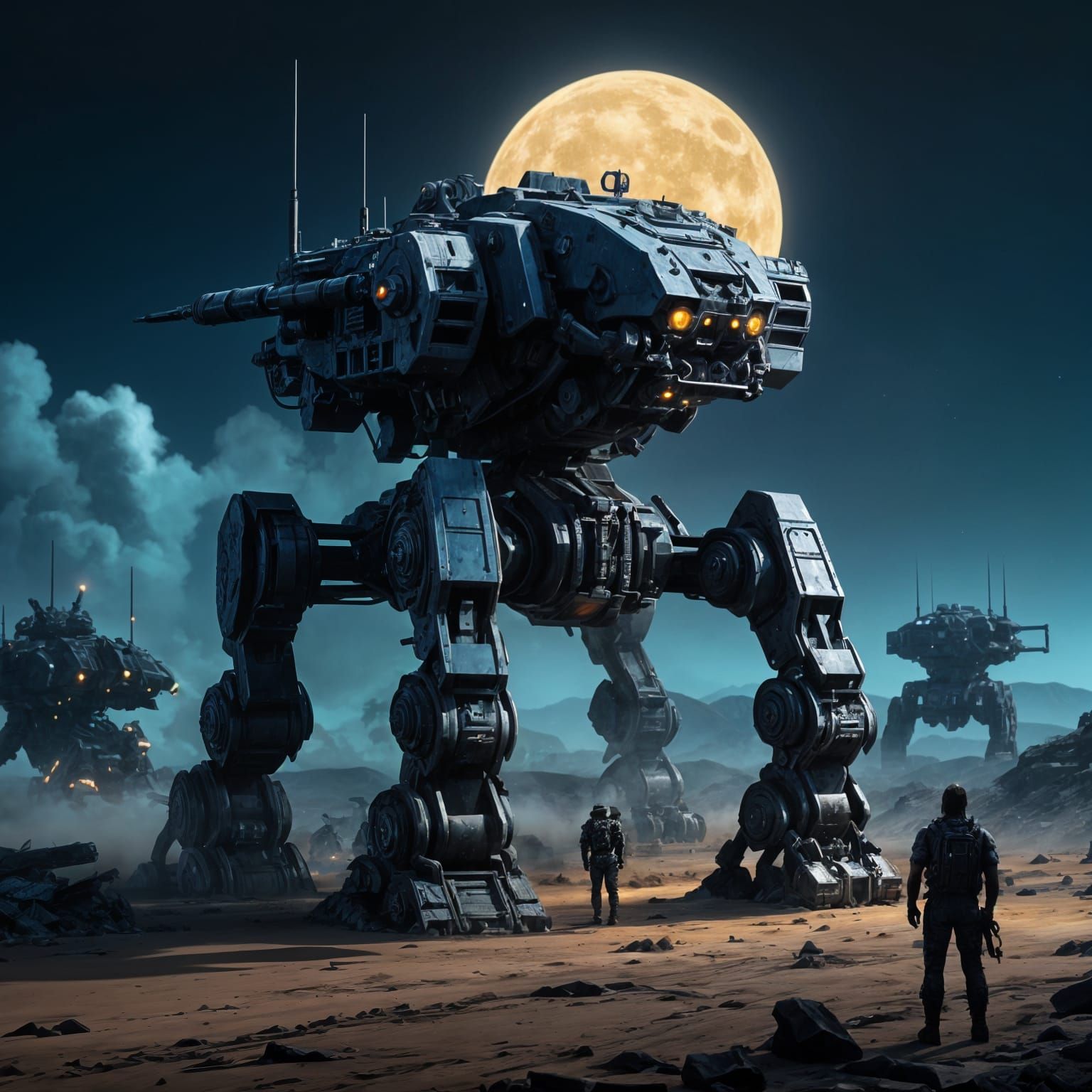 Epic War Scene: A Walking Tank in Darkened Realism