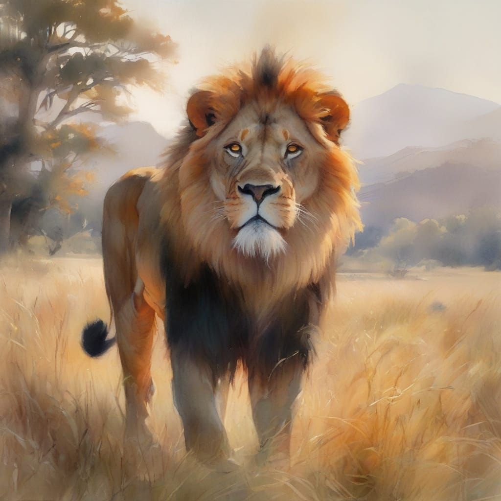 Regal Lion Dominates Golden Savannah Landscape