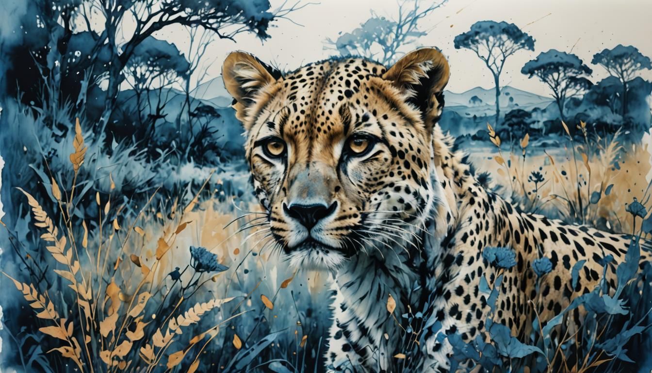 Ethereal Cyanotype Cheetah in Savanna Landscape