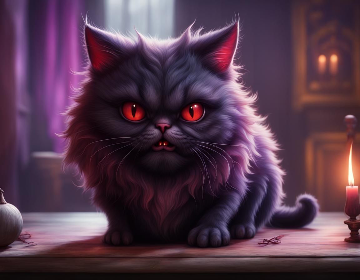 Whimsical Demonic Kitty in Red, Purple and Black