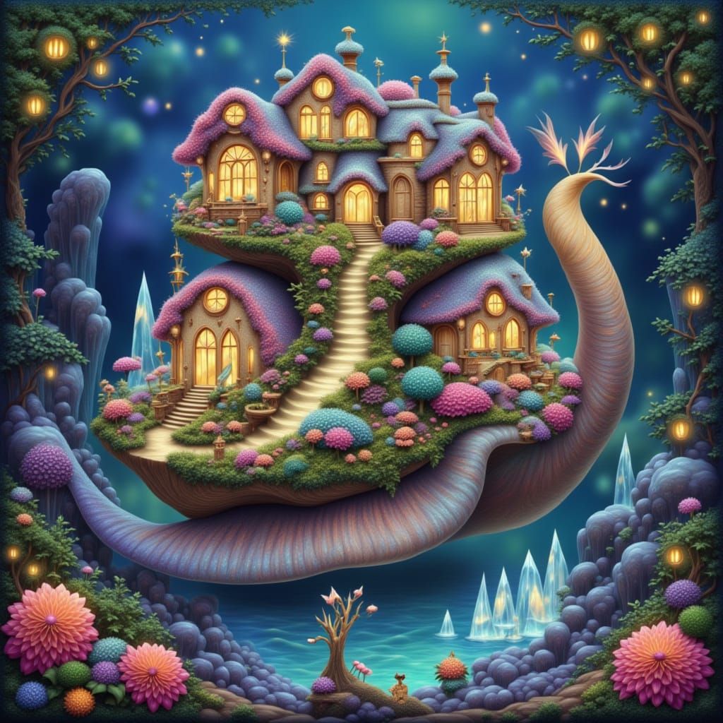 Magical Snail Carries Glowing Island with Tiny Fairies