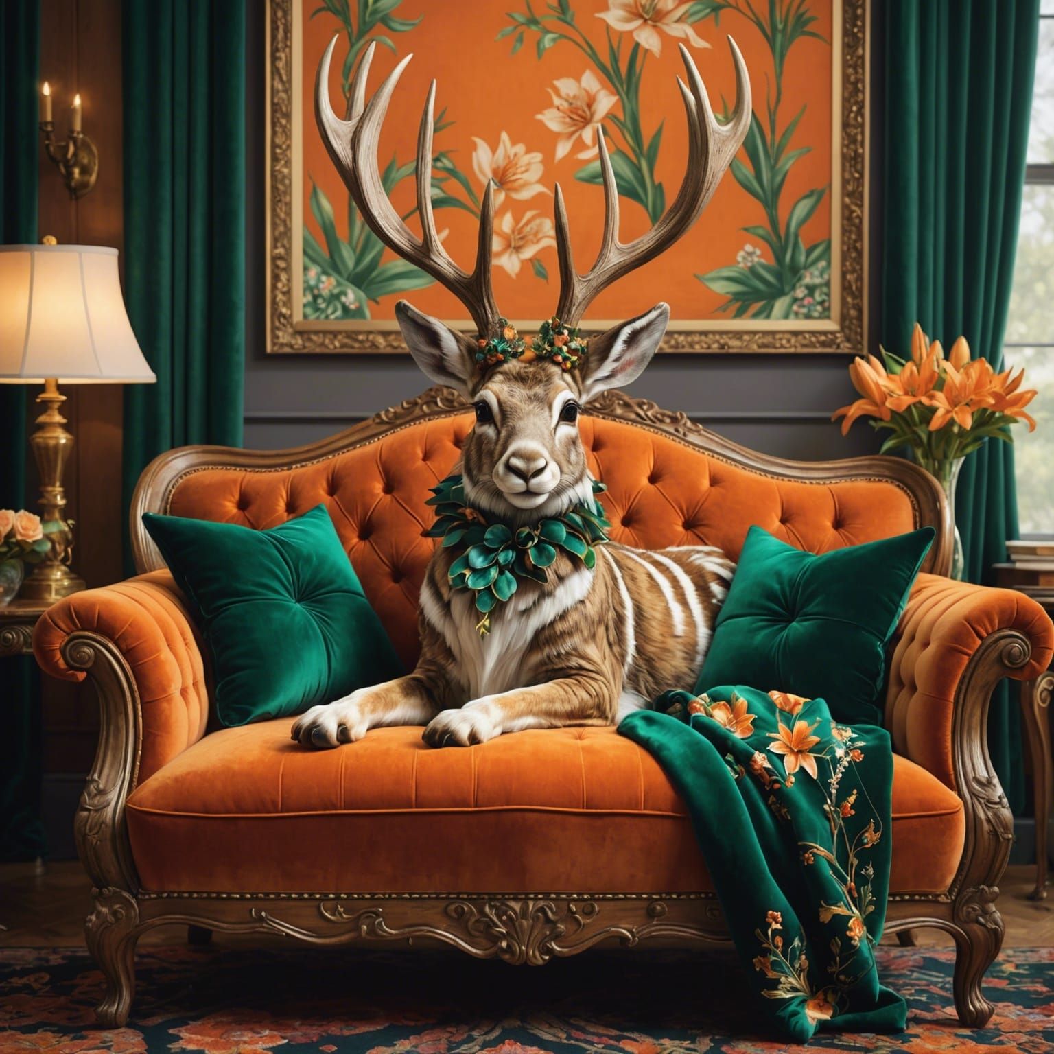 Striped Jackalope on Mod Couch in Hyperrealistic Style