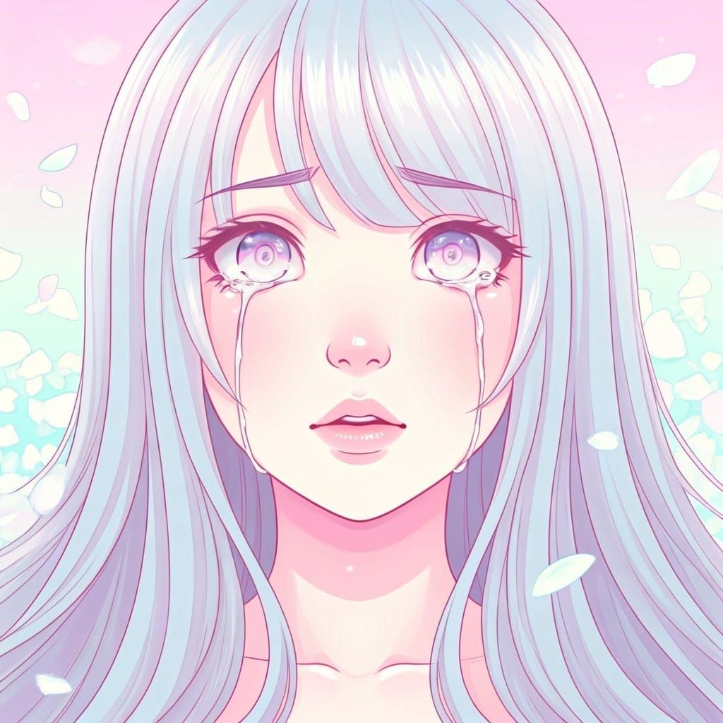 Kawaii Anime Girl Weeps Crystal Tears in Haunting Pastel Lan...