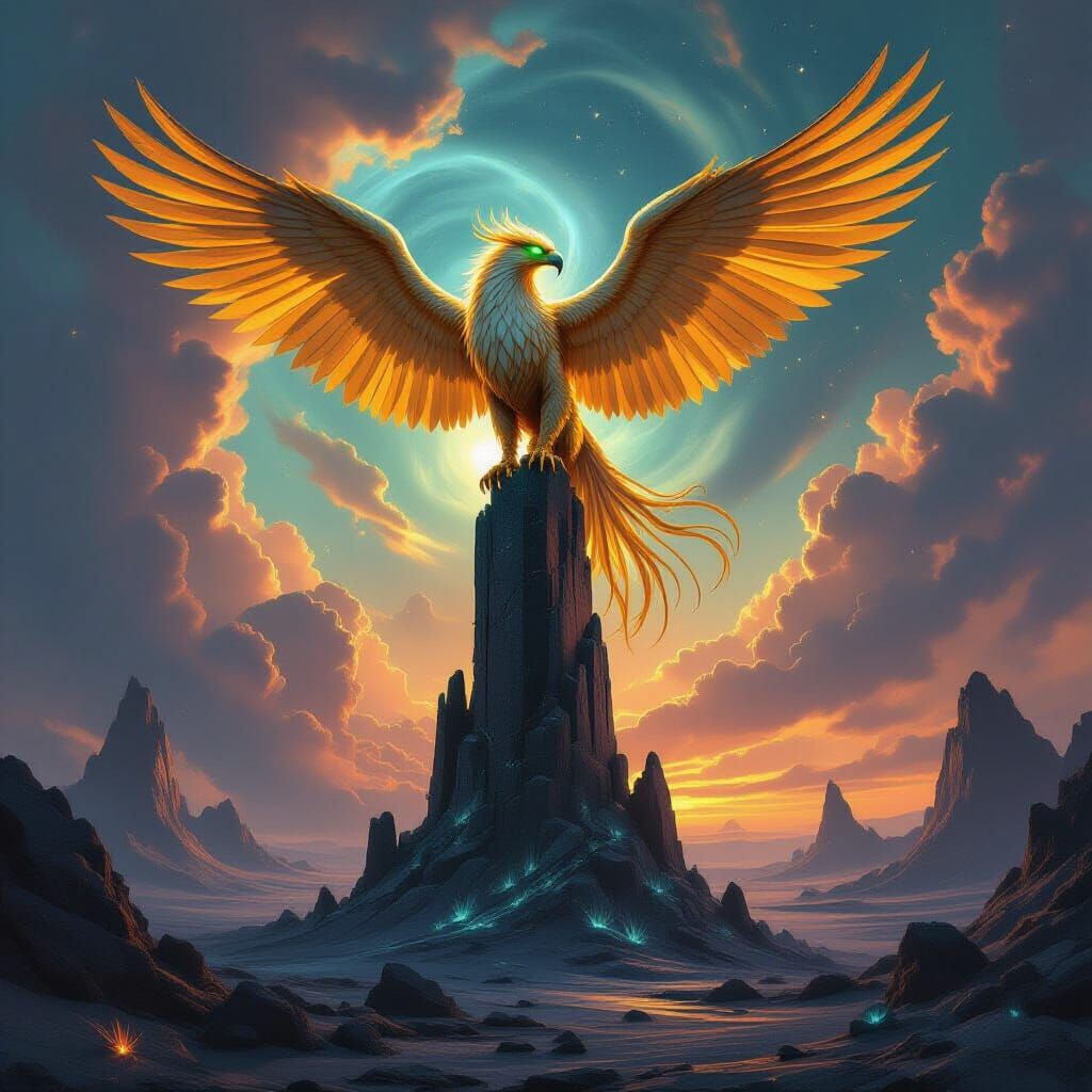 Majestic Griffin on Obsidian Tower in Nebula Sky