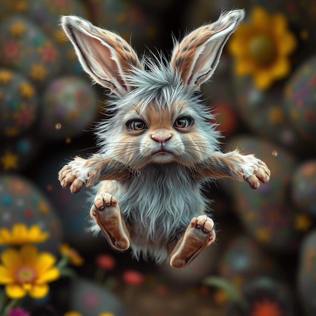 Sad Rabbit Leaping in a Vibrant Fantasy World