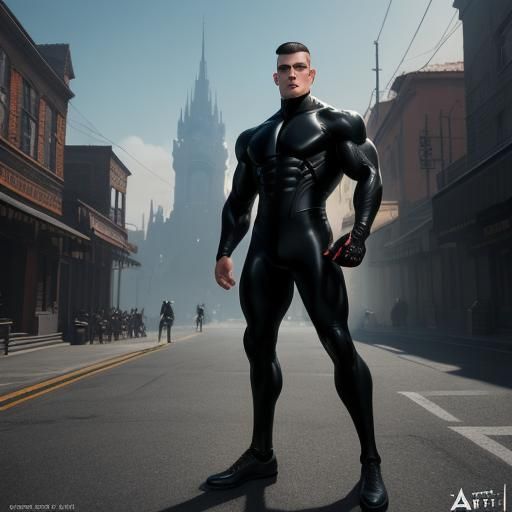 Muscle Man in Rubber Jumpsuit: Detailed Matte Painting