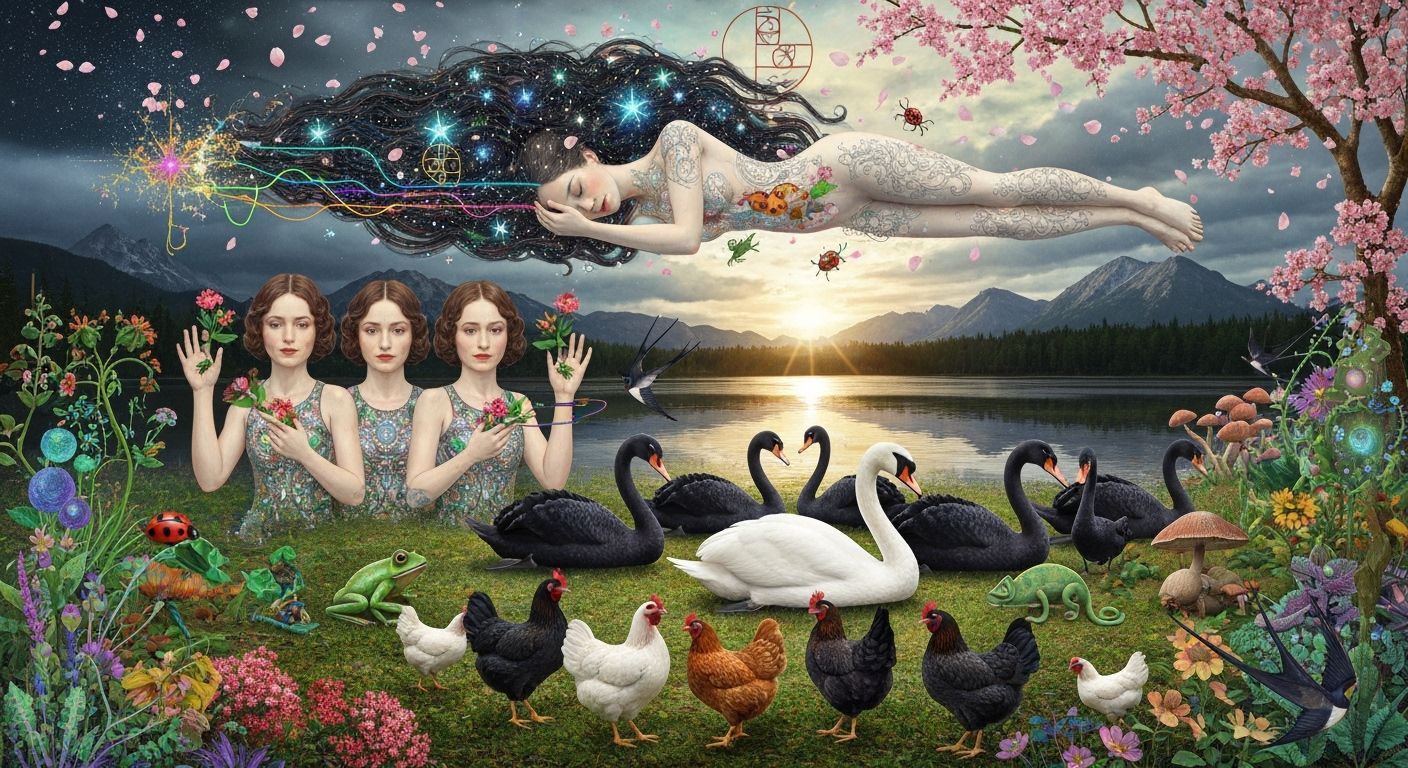 Surreal Eco-Art Garden with Twins, Chickens, and Cosmic Ener...
