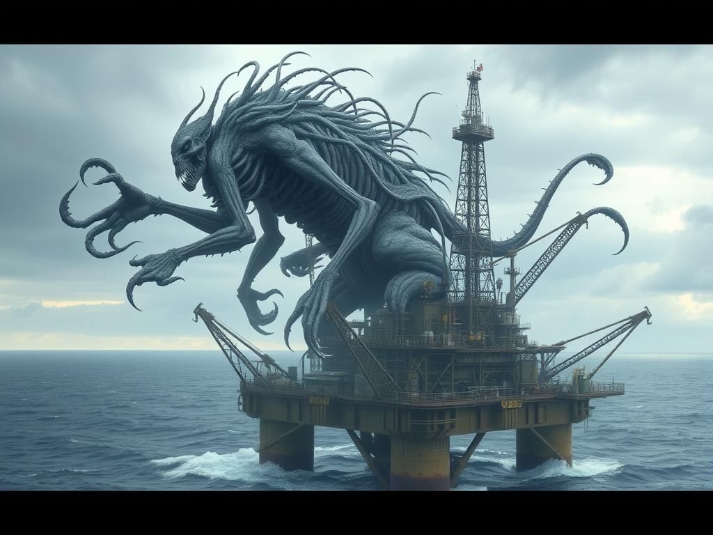 Undead Biomechanical Entity Over North Sea Oil Rig