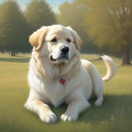 Fat White Golden Retriever Dog in Grassy Meadow