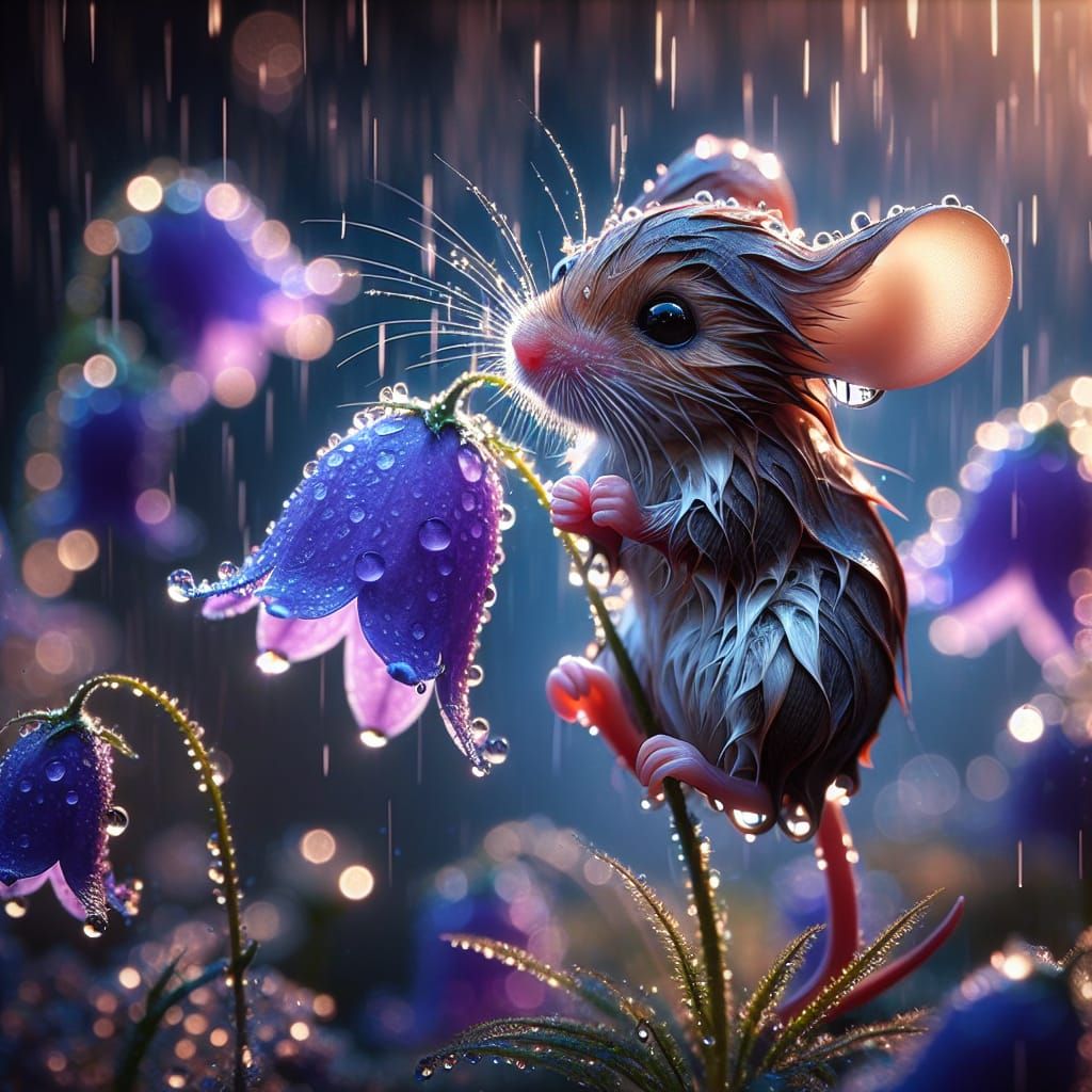 Whimsical Mouse on Bell Flower in Magical Rainy Landscape