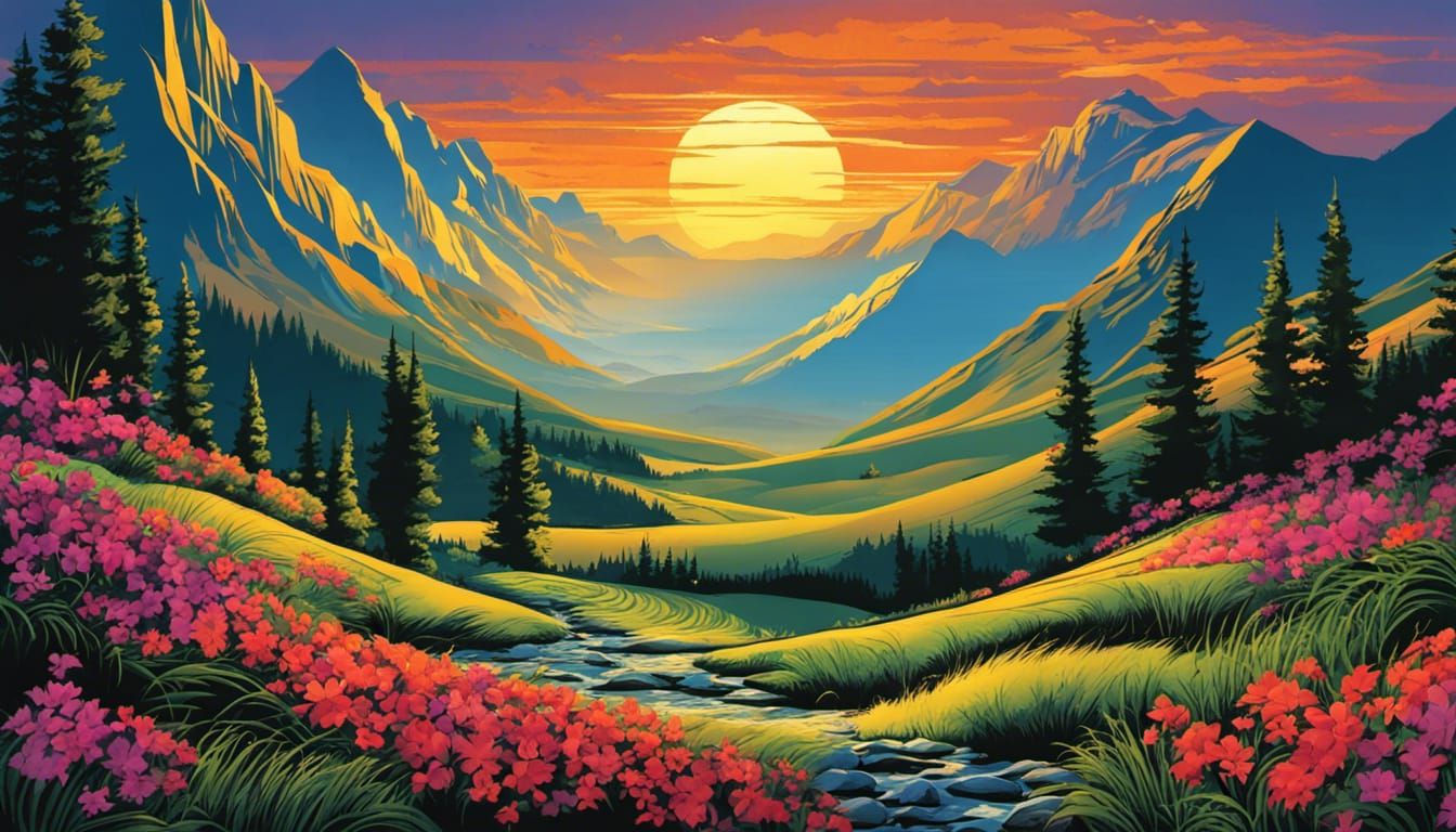 Mountain Landscape Painting with Waterfalls and Cabin