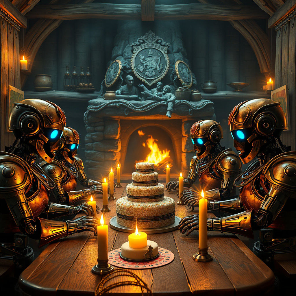 Robots Enjoying Cakes in Medieval Bar