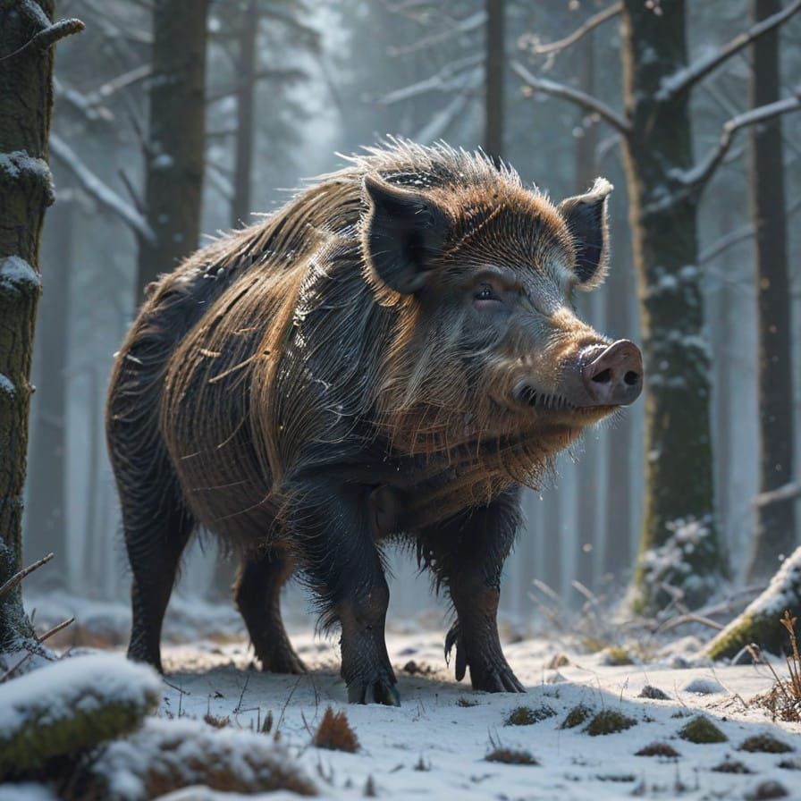 Majestic Wild Boar Silhouetted in Snowy Forest