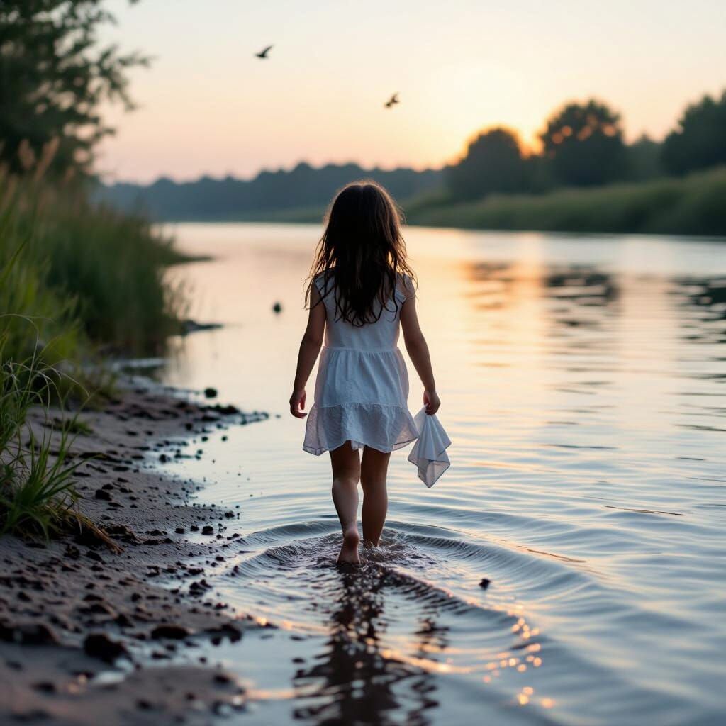Girl Walking in Shallow River at Dawn