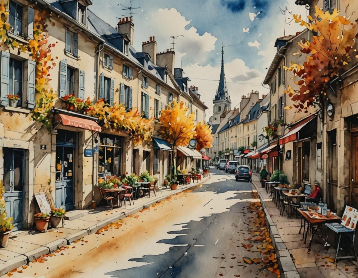 Idyllic French Town in Autumn, Watercolor Painting