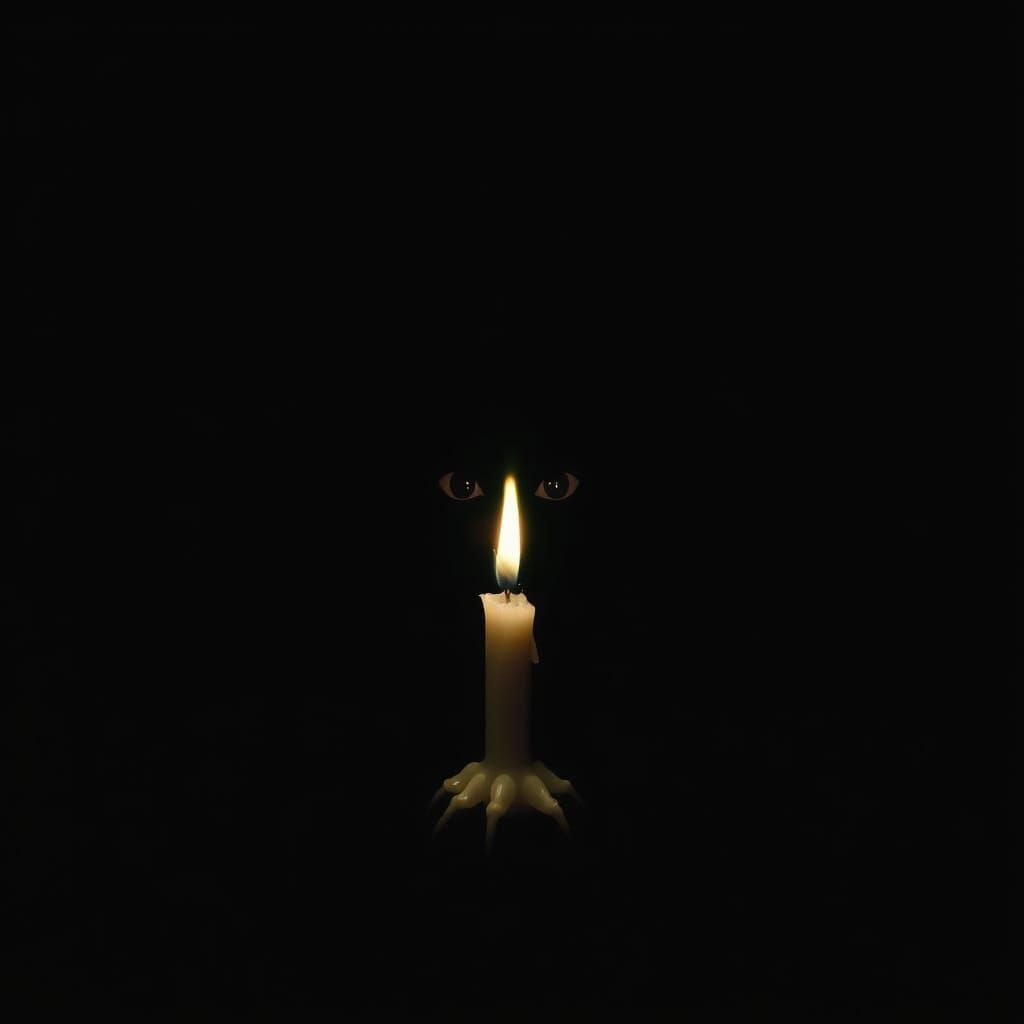 Flickering Candle Illuminates Watching Eyes in Dark Abyss