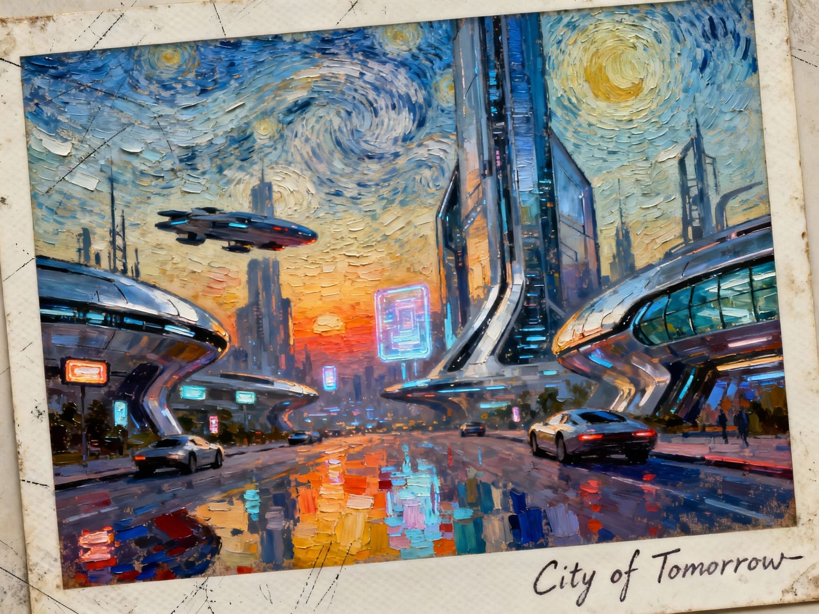 Nostalgic Futuristic Cityscape Painting