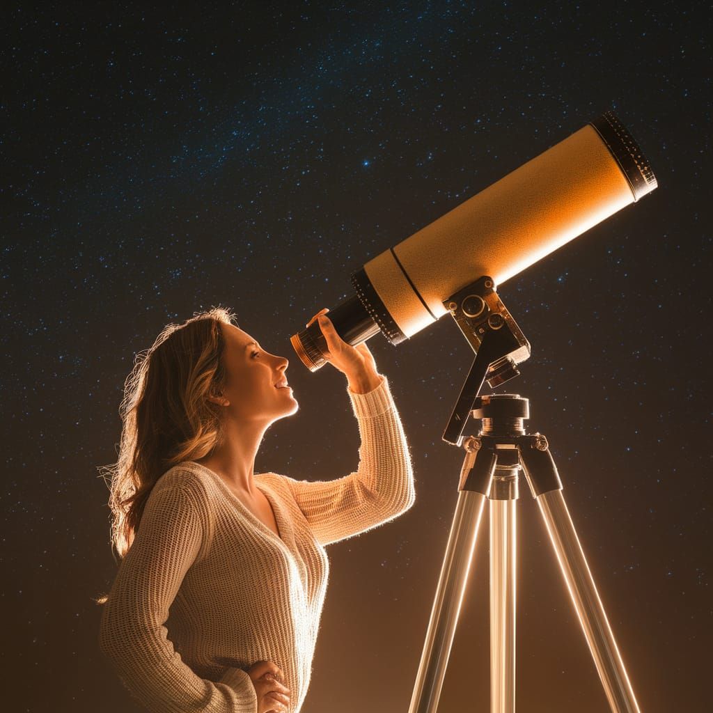 Woman Gazing at Starry Sky Through Telescope