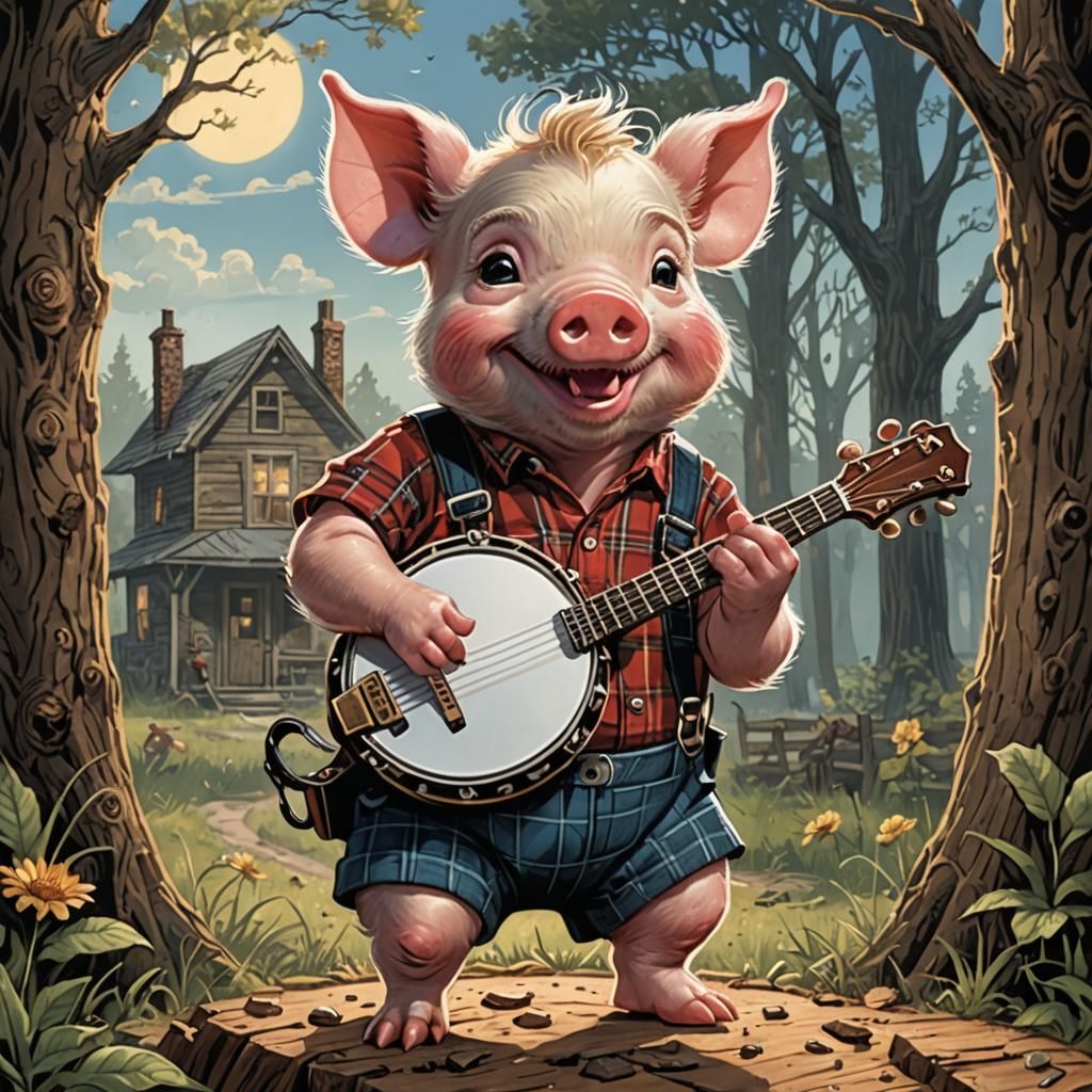Piglet Plays Banjo in Comic Book Art Style