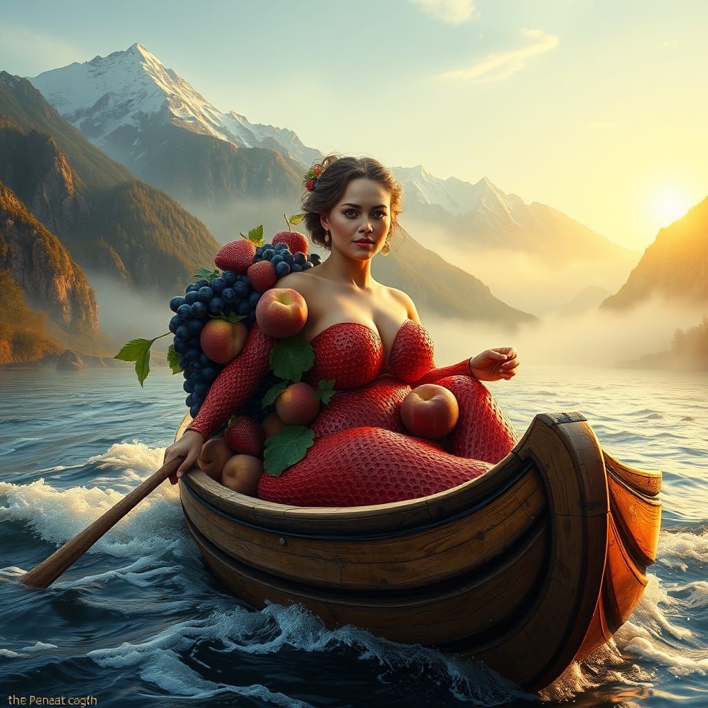 Fruit Woman Sails River in Post-Impressionist Style