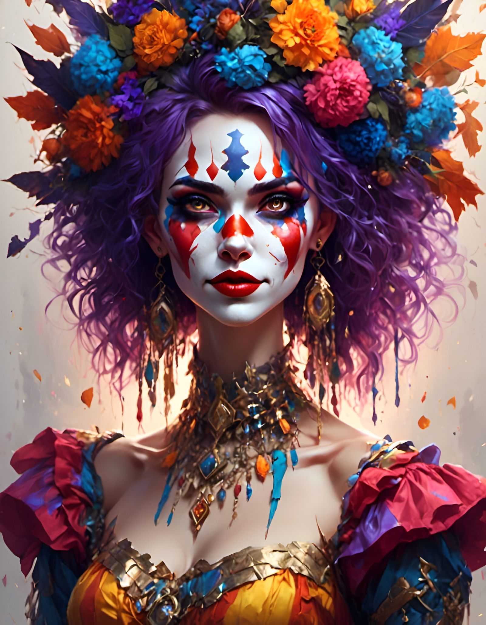 Radiant Clown Woman Portrait in Tetradic Colors