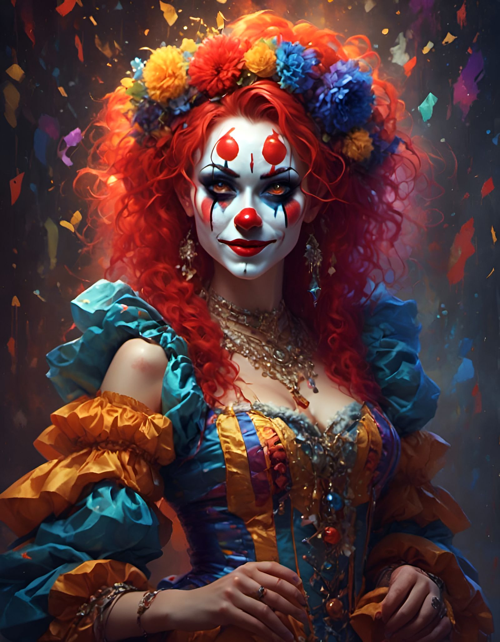 Radiant Clown Woman Portrait in Tetradic Colors