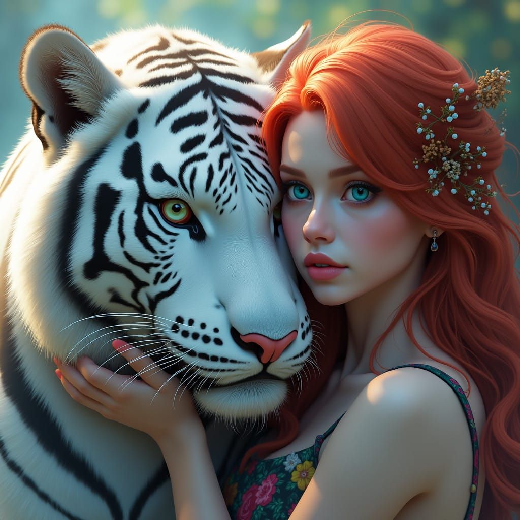 A Dreamlike Fantasy Scene Featuring a White Tiger and a Red-...