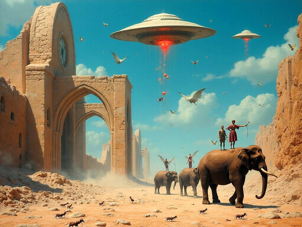 Surreal Cathedral Invasion with Flying Pigs and UFO