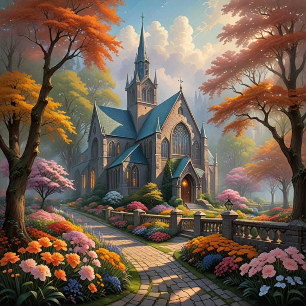 A cathedral with stained-glass windows and a orange-carnation Flower at its heart, nestled among trees, meandering pathw...