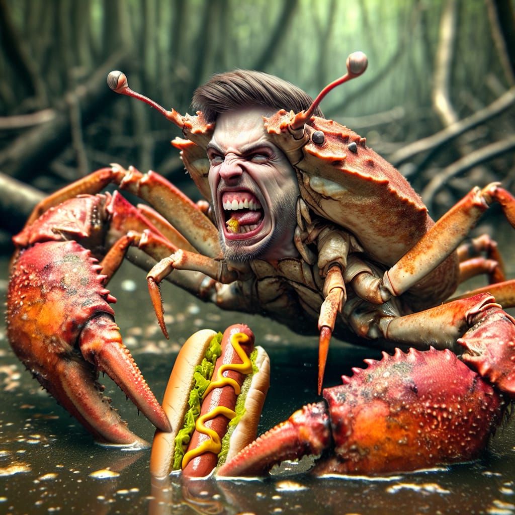 Human-Crab Hybrid's Disgust: A Swamp Hotdog Horror