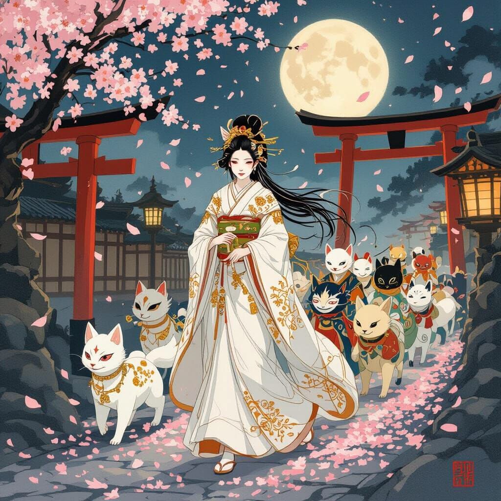 Kitsune Bride Leads Yokai Procession Under Moonlight