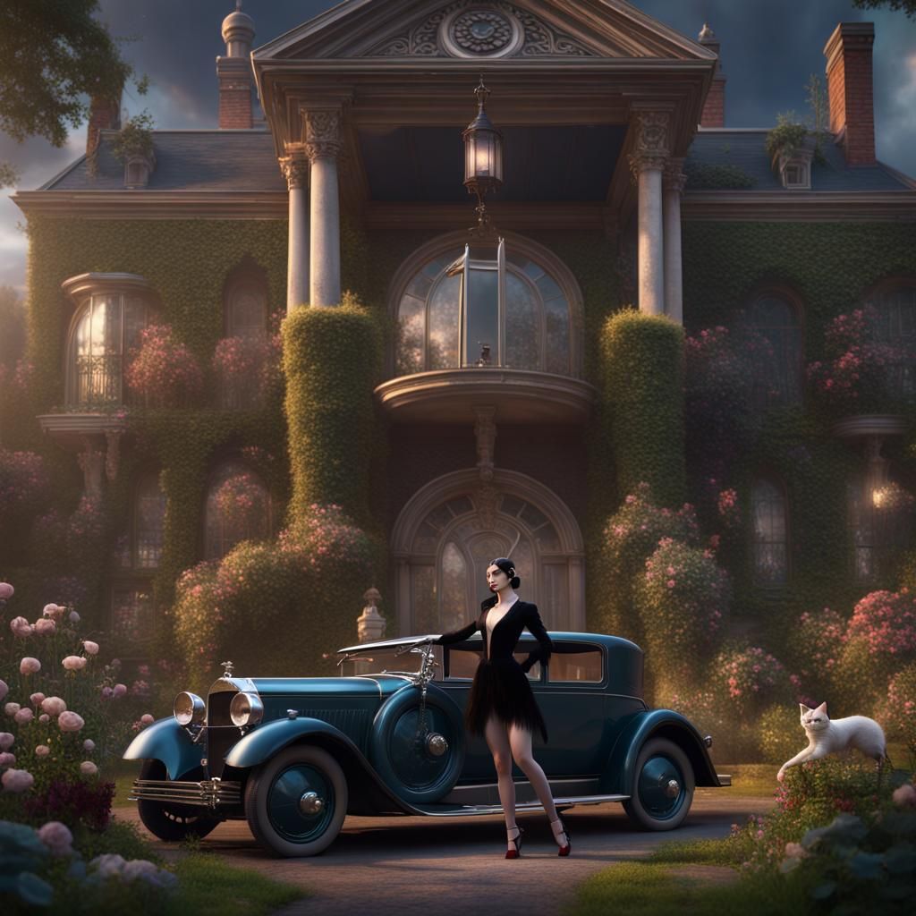 Heavy Metal Ballerina with Tuxedo Cat and Vintage Car