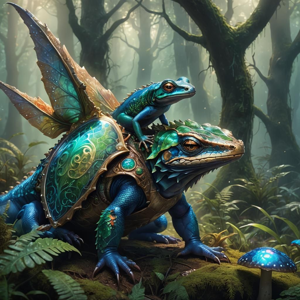 Fantasy Newt with Ornate Shield in Mystical Forest