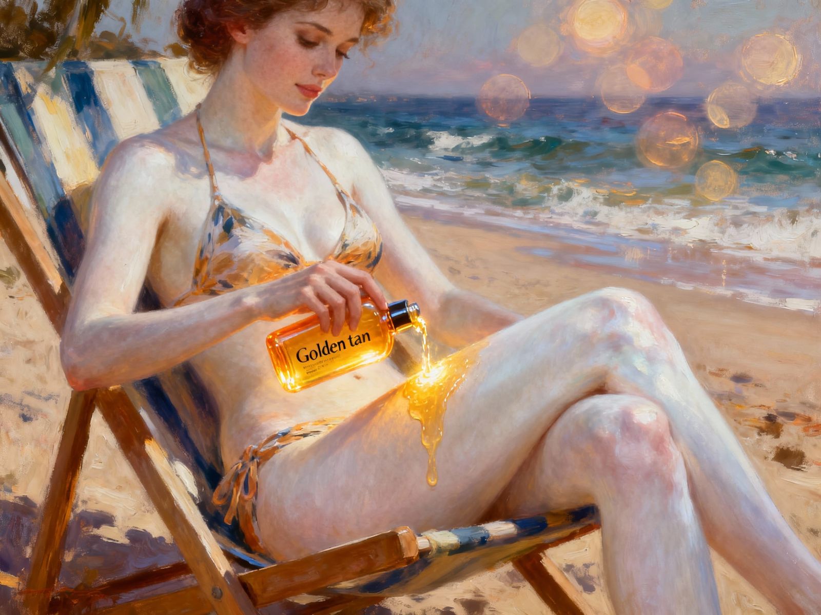 Woman Applies "Golden Tan" Liquid on Beach in Oil Painting S...