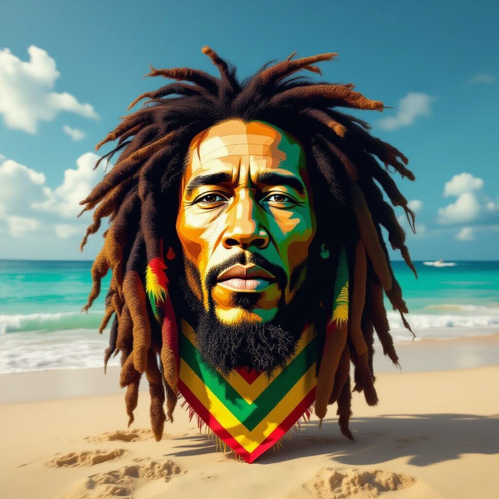 Bob Marley as Lion King on Jamaican Beach