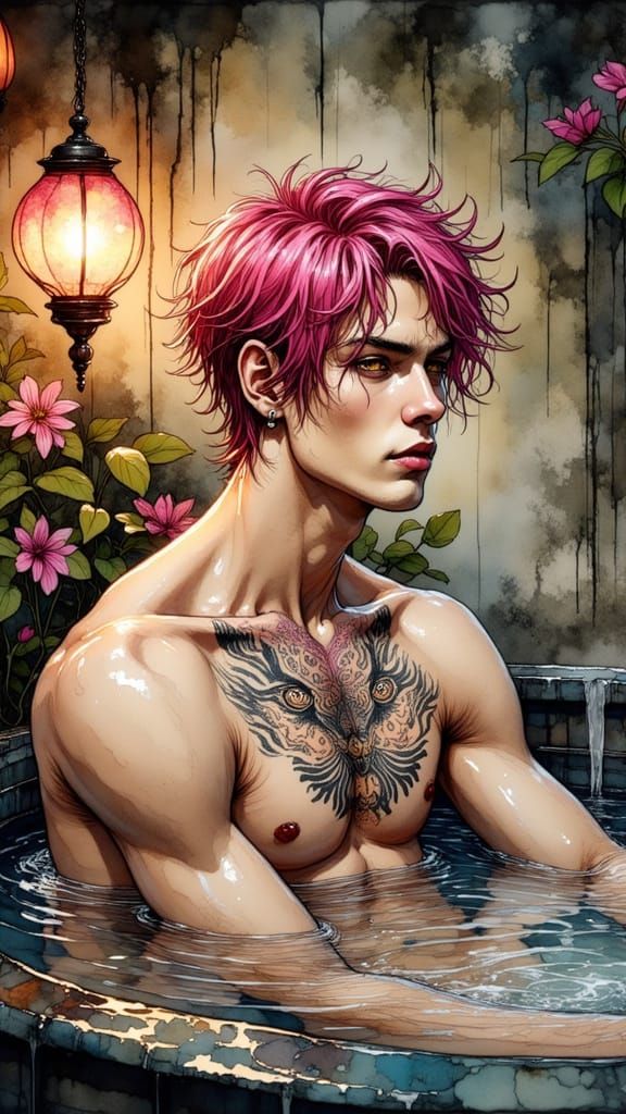 Japanese Warrior Soaks in Hot Spring Serenity