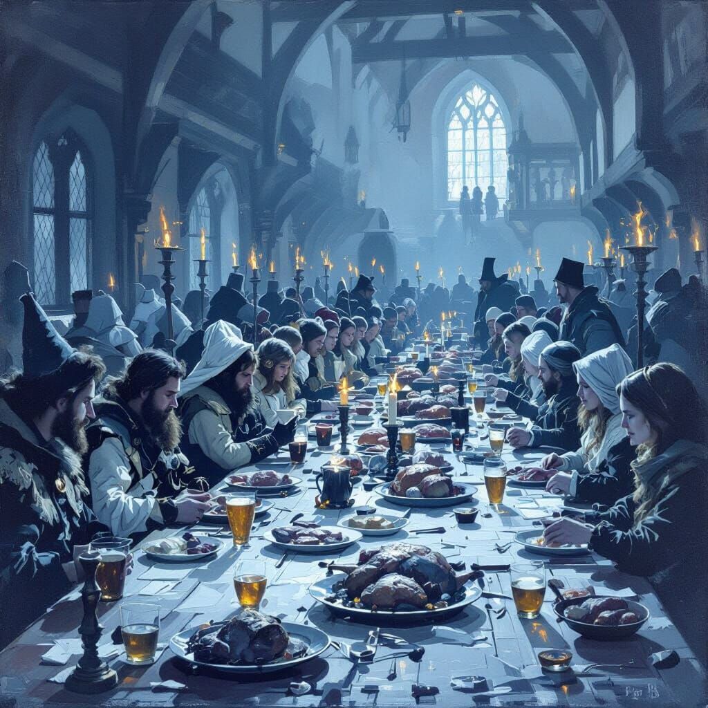 Medieval Great Hall Feast in Realistic Oil Painting Style
