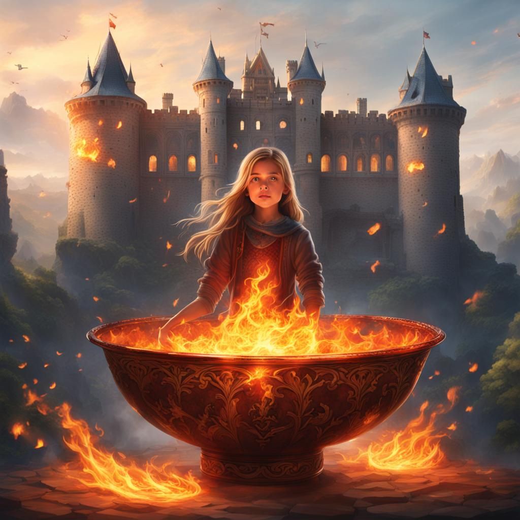Girl Holds a Bowl of Fire in Castle