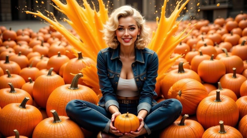 Marilyn Monroe Style Woman Sits on Pumpkins