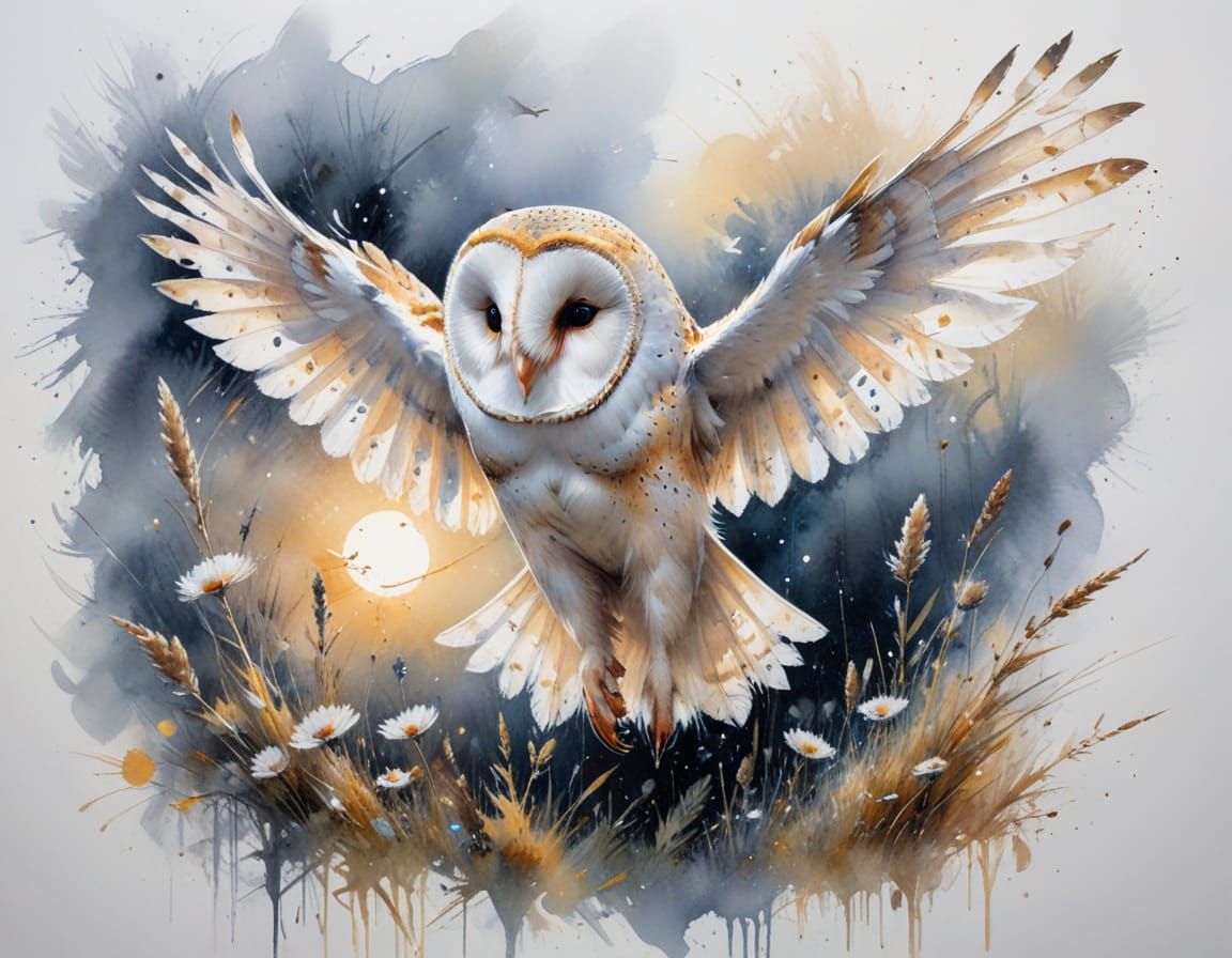 Barn Owl Gliding in Moonlit Meadow as Watercolour Art
