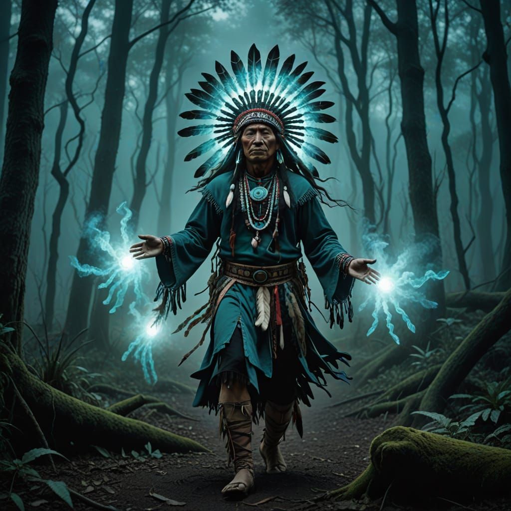 Surrealist Shaman Dances in Moonlit Forest