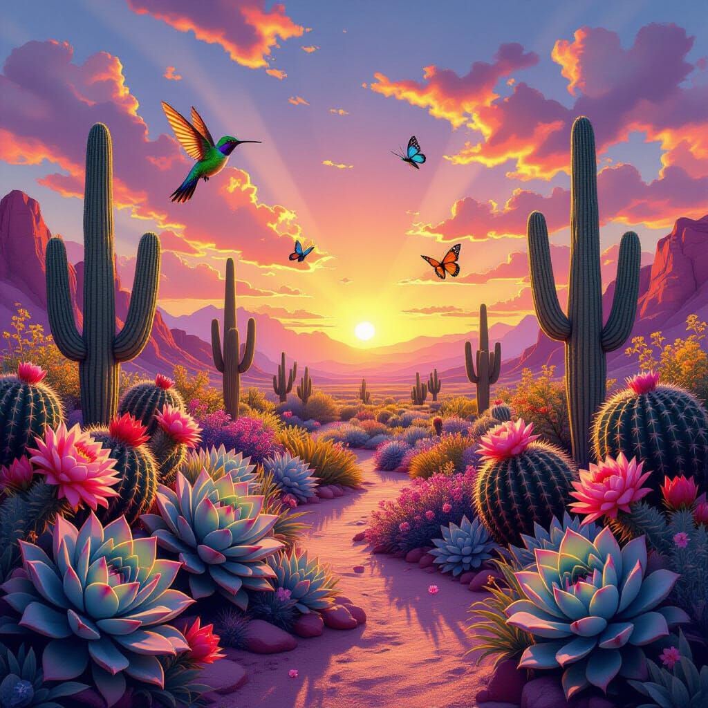 Whimsical Desert Sunrise in Succulent Garden with Hummingbir...