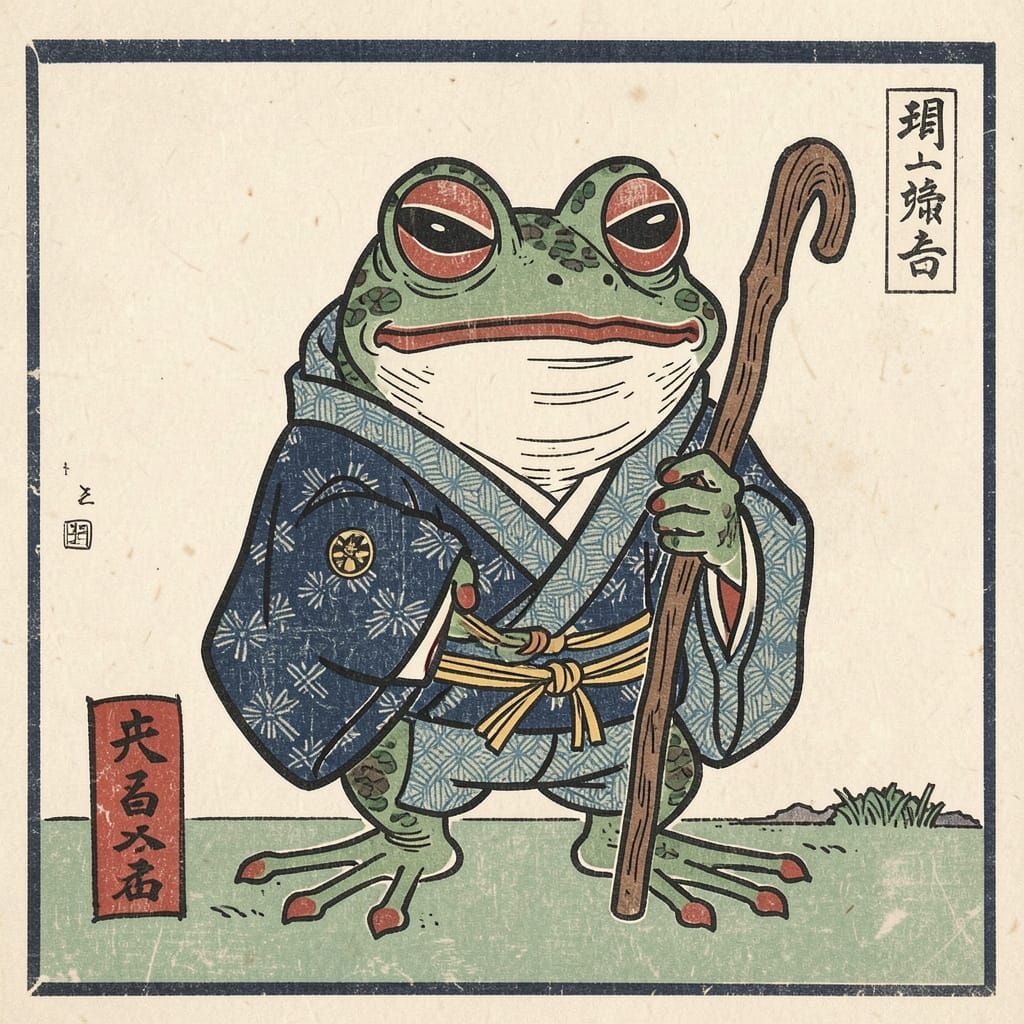Wise Frog with Walking Stick in Woodblock Art Style