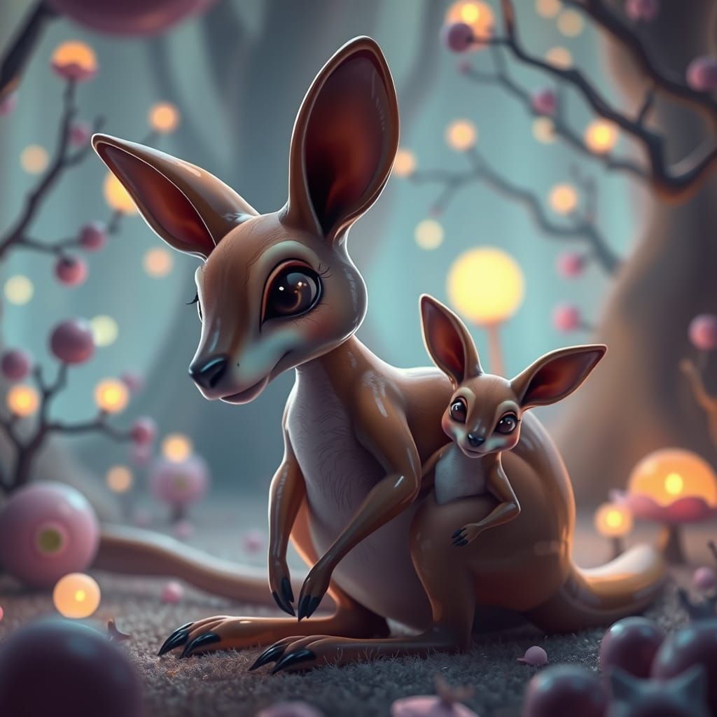 Elegant Kangaroo and Joey in Surreal Dreamscape