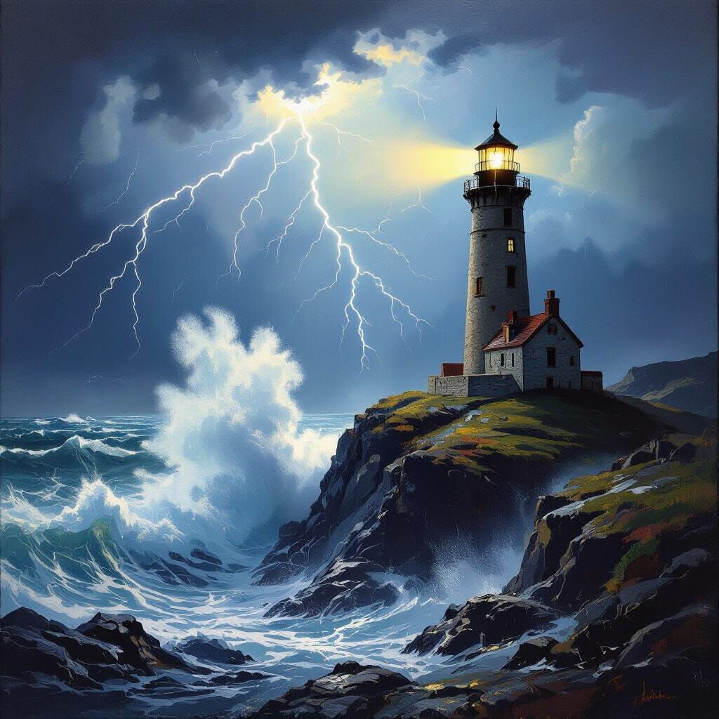 Lighthouse in Storm, Turner-esque Oil Painting