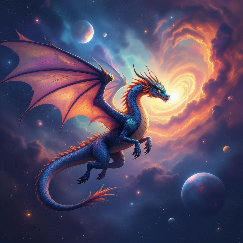 Cosmic Dragon Soaring Through Nebula in Painterly Style
