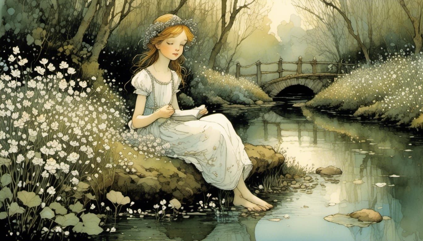 Girl by Stream with Flowers, Detailed Illustration