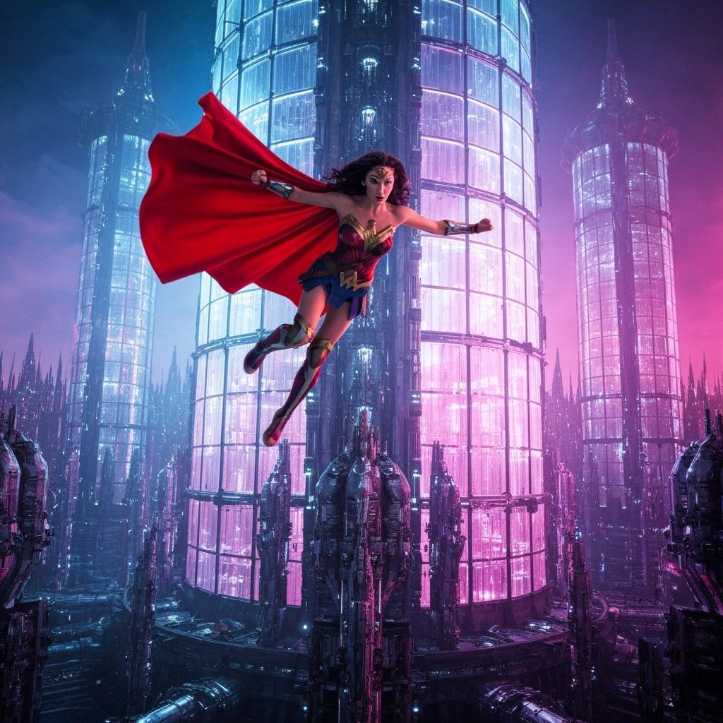 Wonder Woman Soaring Above Panopticon Prison in Surreal Styl...