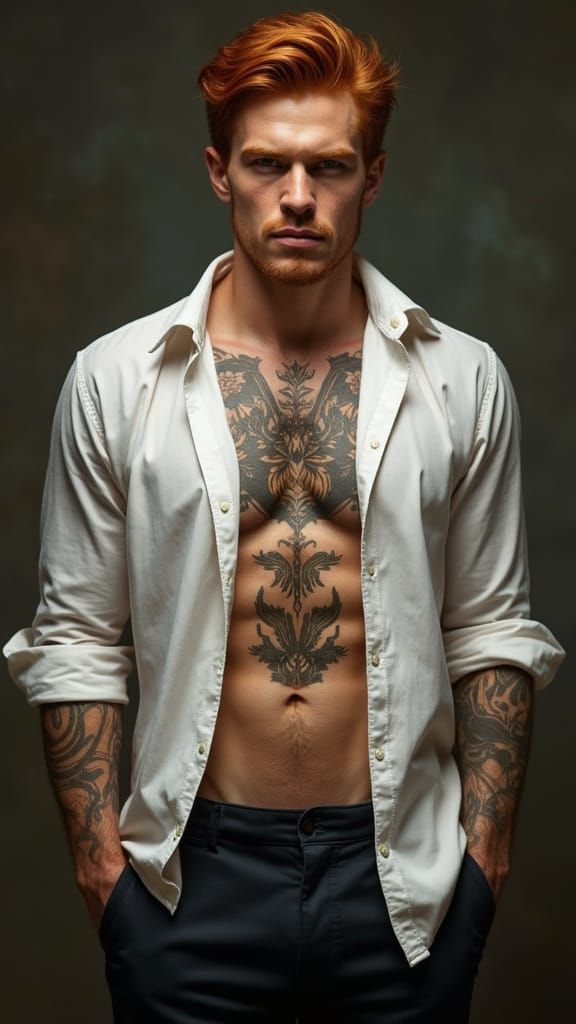 Mysterious Redhead Mafia Boss with Tattoos and Stubble